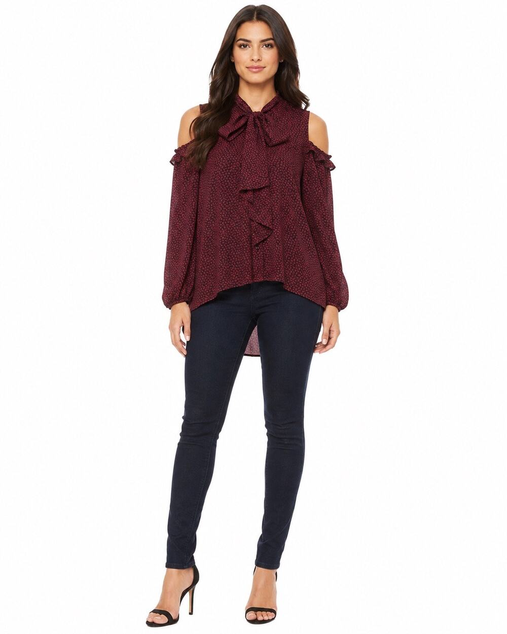 FRENCH CONNECTION Crepe Cold Shoulder Bow Blouse Callie Shirt Button Down
